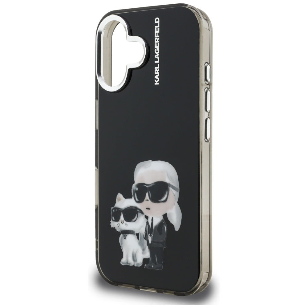 Skyddsfodral för Apple iPhone 16, Karl Lagerfeld, IML Aquarelle Logo Karl & Choupette, Svart