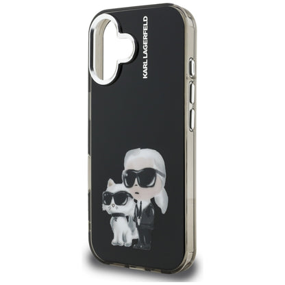 Skyddsfodral för Apple iPhone 16, Karl Lagerfeld, IML Aquarelle Logo Karl & Choupette, Svart
