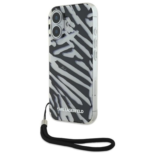 Skyddsfodral för Apple iPhone 16, Karl Lagerfeld, IML Luxury Zebra Pattern with Strap, Svart