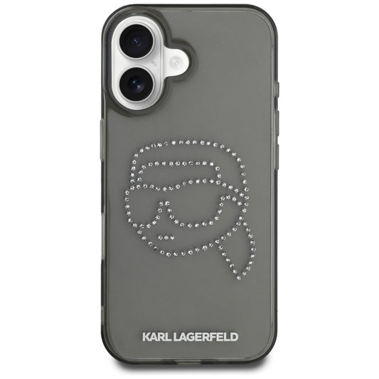 Fodral för Apple iPhone 16, Karl Lagerfeld, IML Rhinestones Karl's Head, Svart