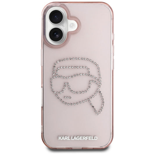 Fodral för Apple iPhone 16, Karl Lagerfeld, IML Rhinestones Karl's Head, Rosa