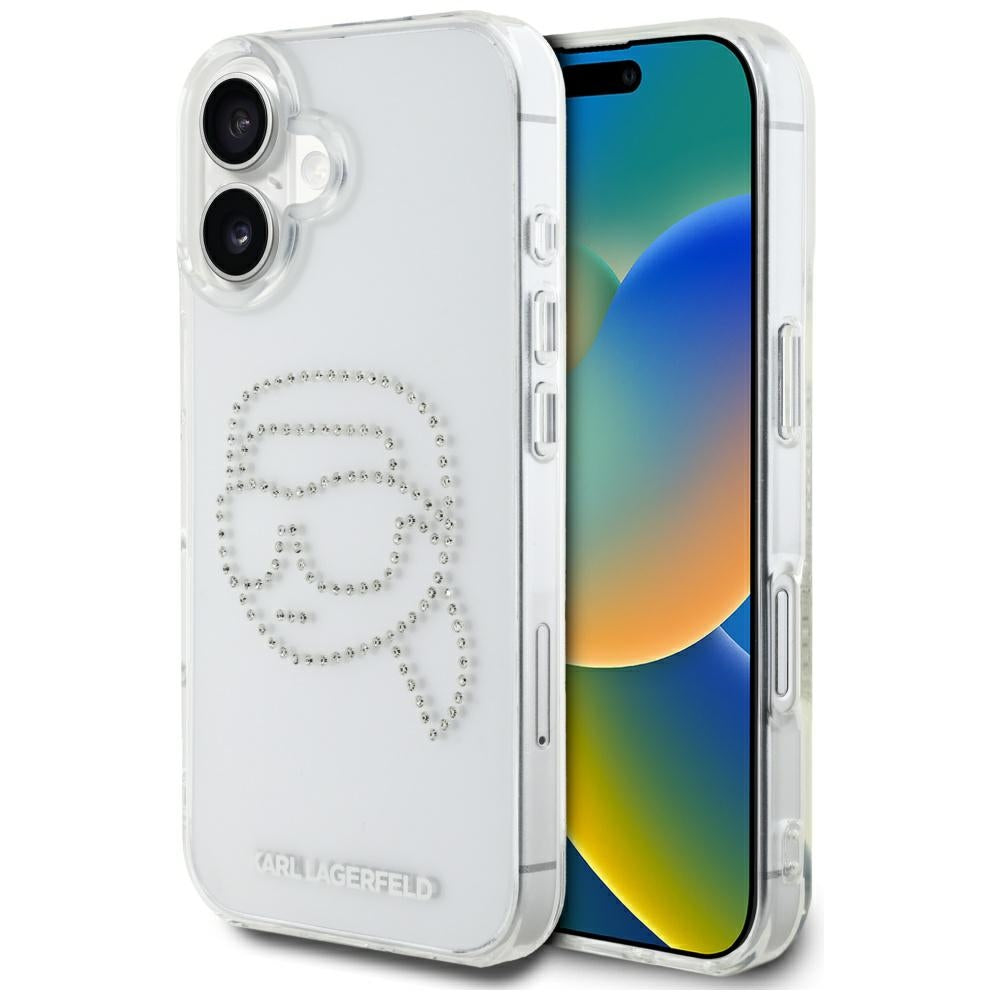 Skyddsfodral för Apple iPhone 16, Karl Lagerfeld, IML Rhinestones Karl's Head, Transparent