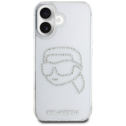 Skyddsfodral för Apple iPhone 16, Karl Lagerfeld, IML Rhinestones Karl's Head, Transparent