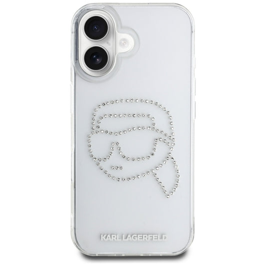 Skyddsfodral för Apple iPhone 16, Karl Lagerfeld, IML Rhinestones Karl's Head, Transparent