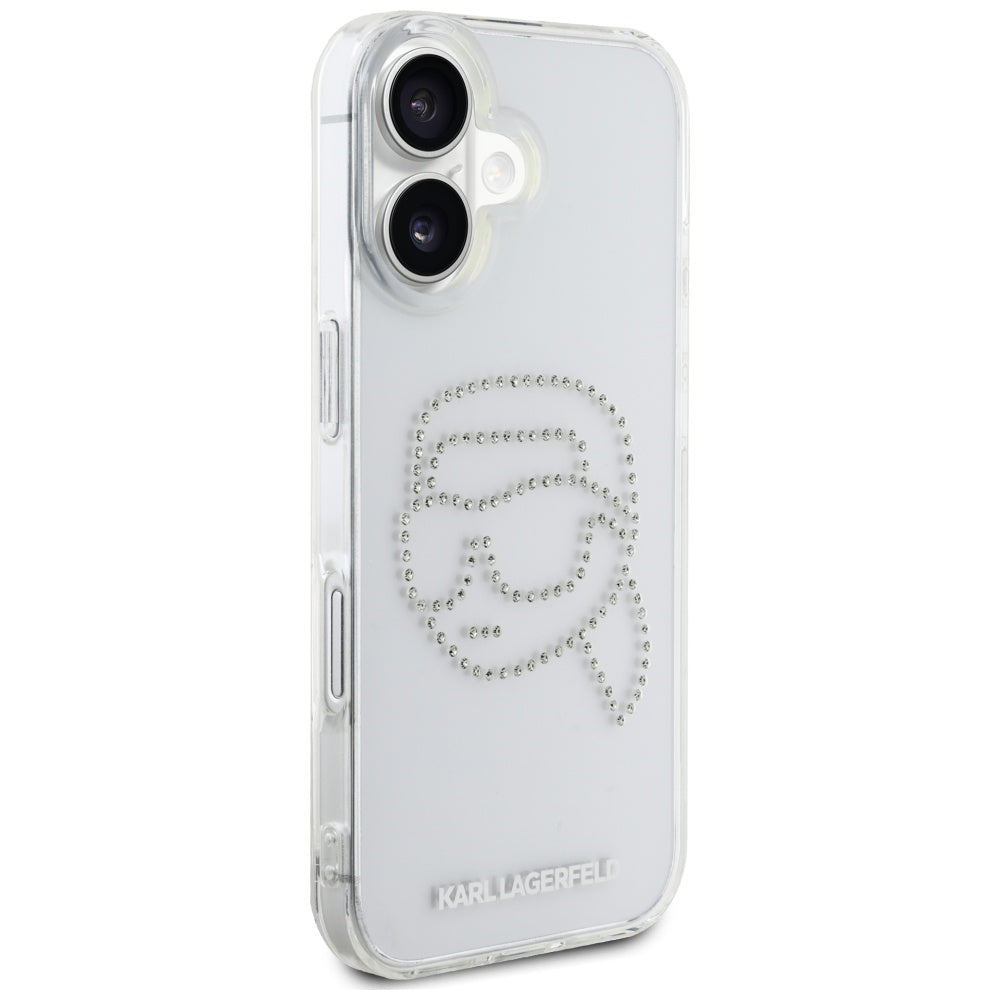 Skyddsfodral för Apple iPhone 16, Karl Lagerfeld, IML Rhinestones Karl's Head, Transparent