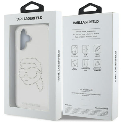 Skyddsfodral för Apple iPhone 16, Karl Lagerfeld, IML Rhinestones Karl's Head, Transparent