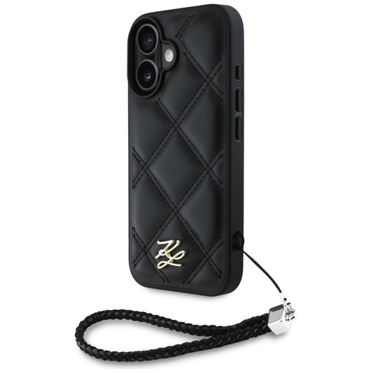 Fodral för Apple iPhone 16, Karl Lagerfeld, Quilted Initial Logo & Chain Strap, Svart