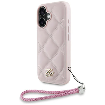 Fodral för Apple iPhone 16, Karl Lagerfeld, Quilted Initial Logo & Chain Strap, Rosa
