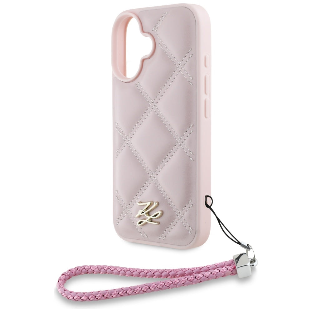 Fodral för Apple iPhone 16, Karl Lagerfeld, Quilted Initial Logo & Chain Strap, Rosa