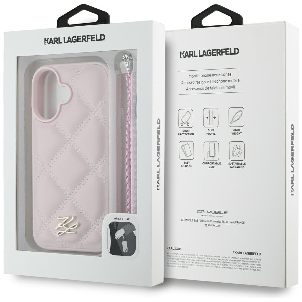 Fodral för Apple iPhone 16, Karl Lagerfeld, Quilted Initial Logo & Chain Strap, Rosa