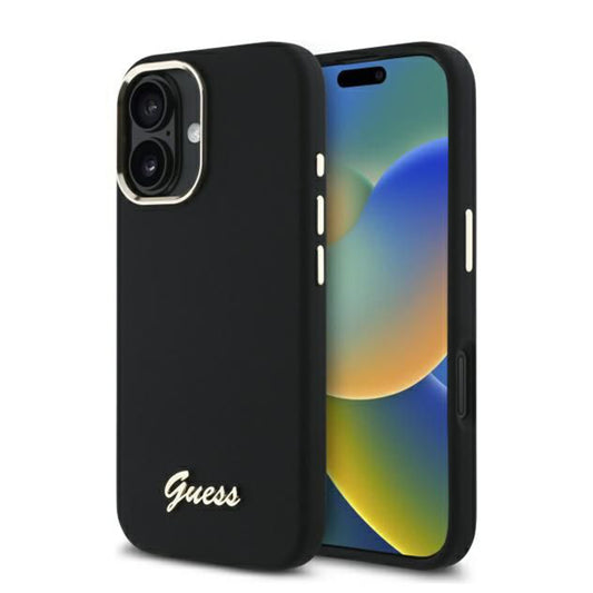 Skyddsfodral för Apple iPhone 16 Plus, Guess, Script Metal Logo & Frame, Svart