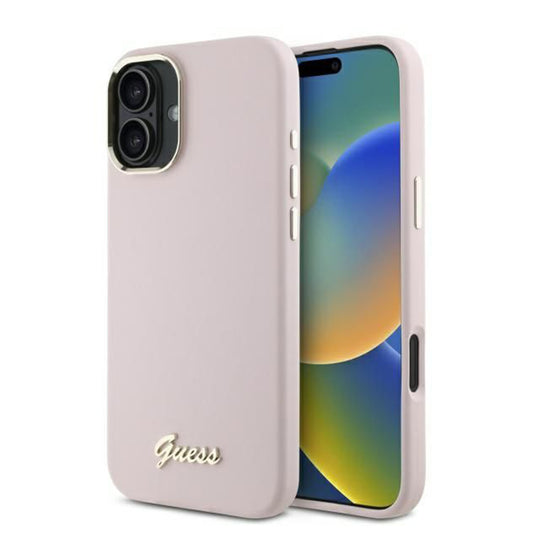 Skyddsfodral för Apple iPhone 16 Plus, Guess, Script Metal Logo & Frame, Rosa