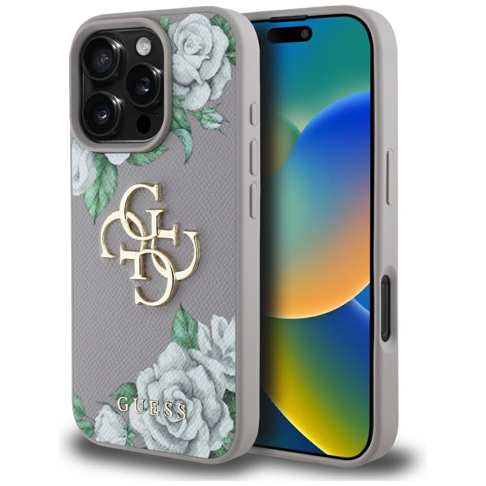 Skyddsfodral för Apple iPhone 16 Pro, Guess, 4G Grained Roses Big Logo, Lila