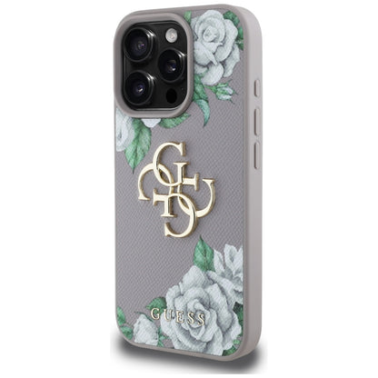 Skyddsfodral för Apple iPhone 16 Pro, Guess, 4G Grained Roses Big Logo, Lila