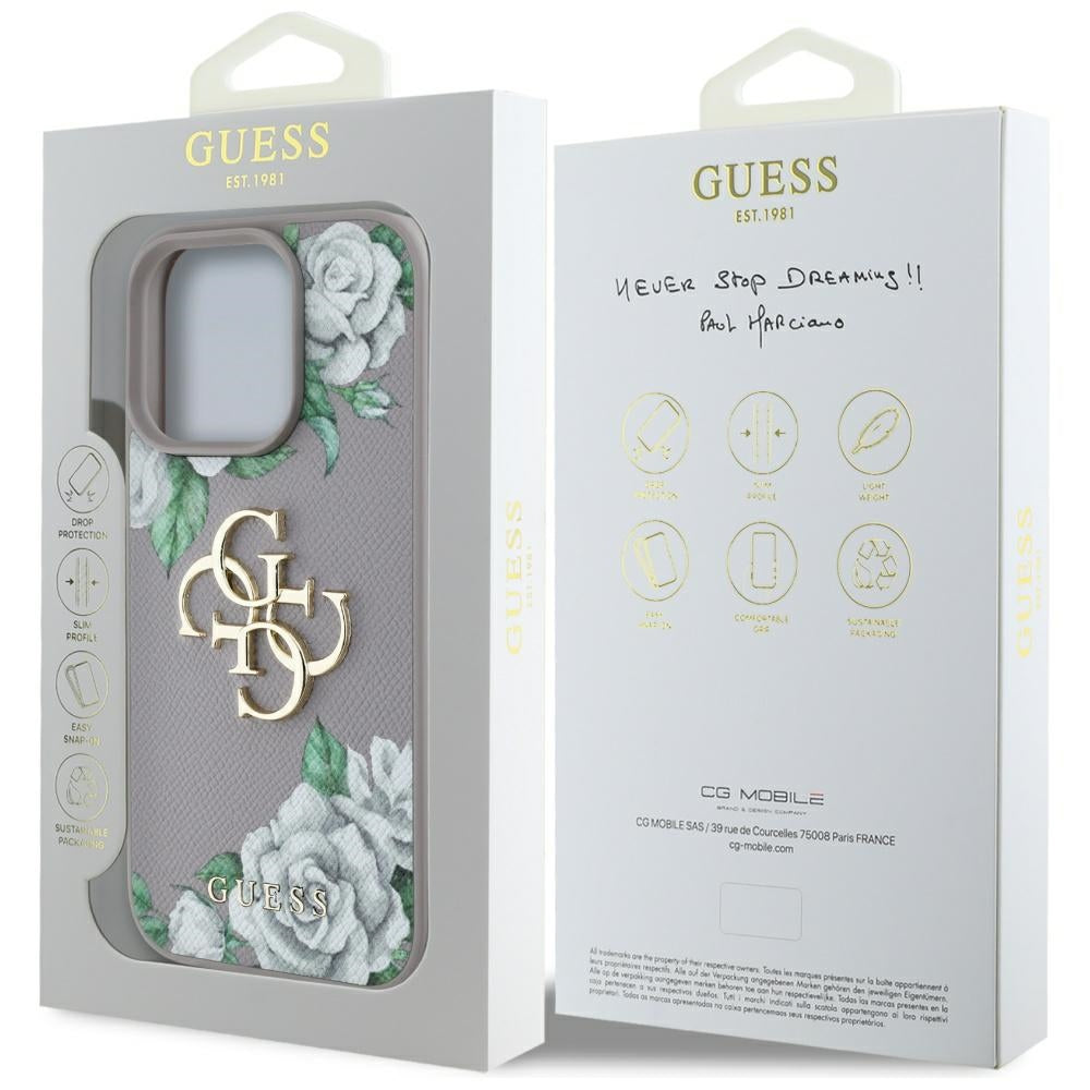 Skyddsfodral för Apple iPhone 16 Pro, Guess, 4G Grained Roses Big Logo, Lila