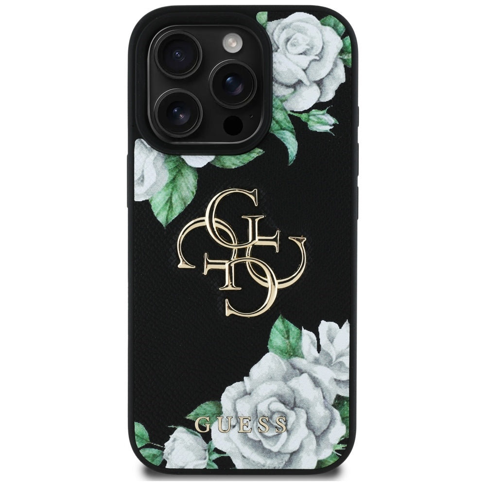 Skyddsfodral för Apple iPhone 16 Pro, Guess, 4G Grained Roses Big Logo, Svart