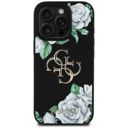 Skyddsfodral för Apple iPhone 16 Pro, Guess, 4G Grained Roses Big Logo, Svart