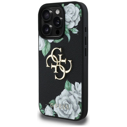 Skyddsfodral för Apple iPhone 16 Pro, Guess, 4G Grained Roses Big Logo, Svart