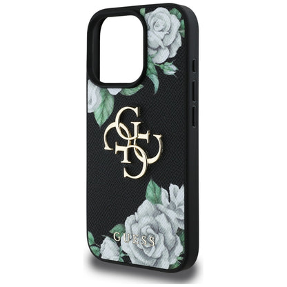 Skyddsfodral för Apple iPhone 16 Pro, Guess, 4G Grained Roses Big Logo, Svart