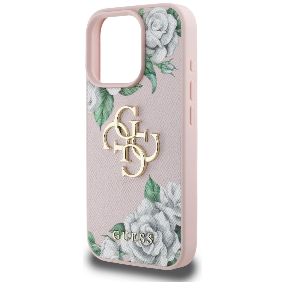 Skyddsfodral för Apple iPhone 16 Pro, Guess, 4G Grained Roses Big Logo, Rosa