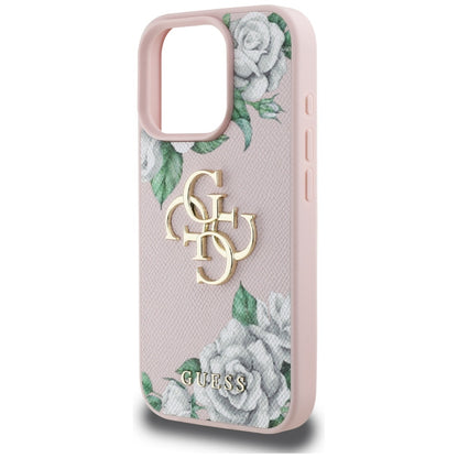 Skyddsfodral för Apple iPhone 16 Pro, Guess, 4G Grained Roses Big Logo, Rosa