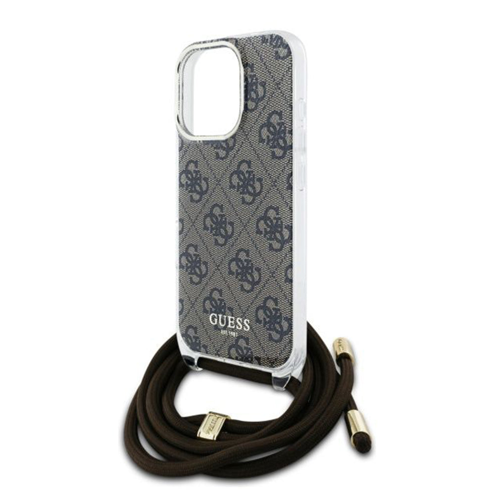 Fodral för Apple iPhone 16 Pro, Guess, Crossbody Cord 4G Print, Brun