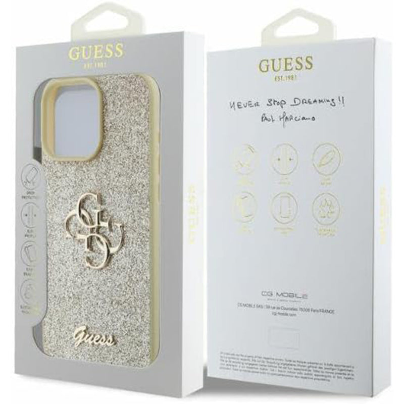 Skyddsfodral för Apple iPhone 16 Pro, Guess, Fixed Glitter Big 4G, Guld