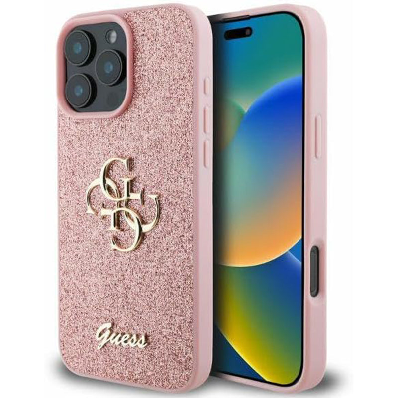 Skyddsfodral för Apple iPhone 16 Pro, Guess, Fixed Glitter Big 4G, Rosa