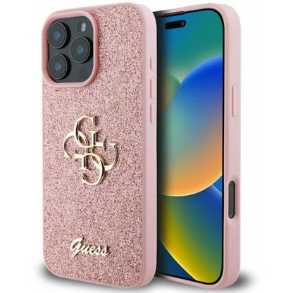 Skyddsfodral för Apple iPhone 16 Pro, Guess, Fixed Glitter Big 4G, Rosa