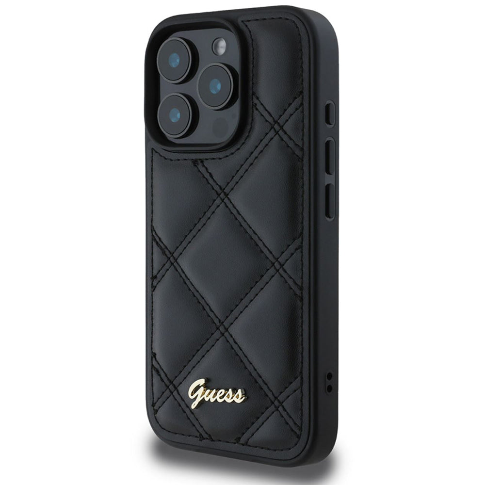 Fodral för Apple iPhone 16 Pro, Guess, Quilted Metal Logo, Svart