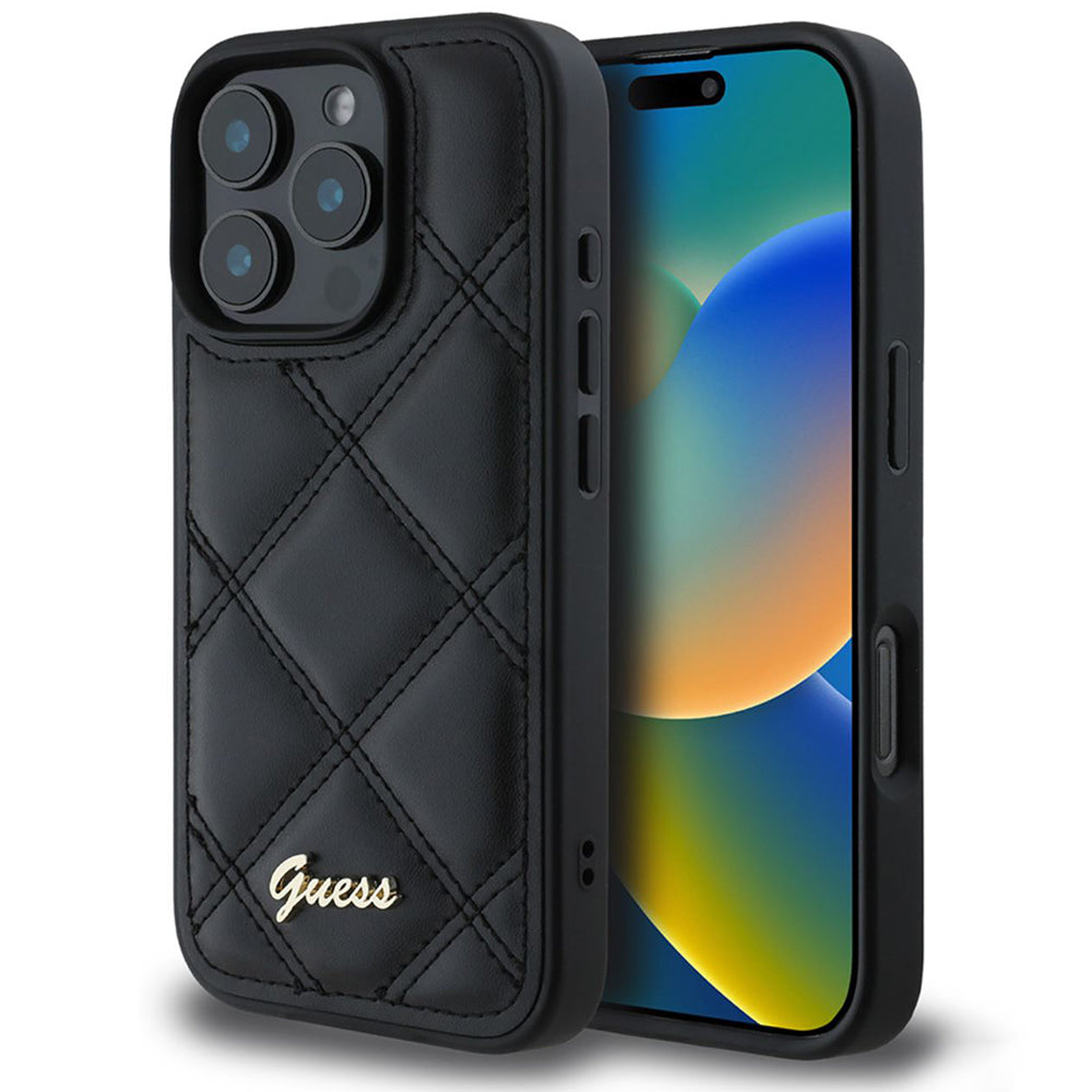 Fodral för Apple iPhone 16 Pro, Guess, Quilted Metal Logo, Svart