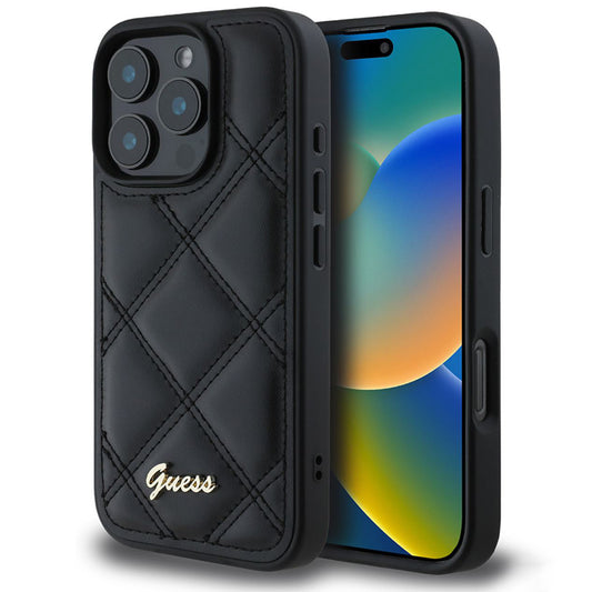 Fodral för Apple iPhone 16 Pro, Guess, Quilted Metal Logo, Svart