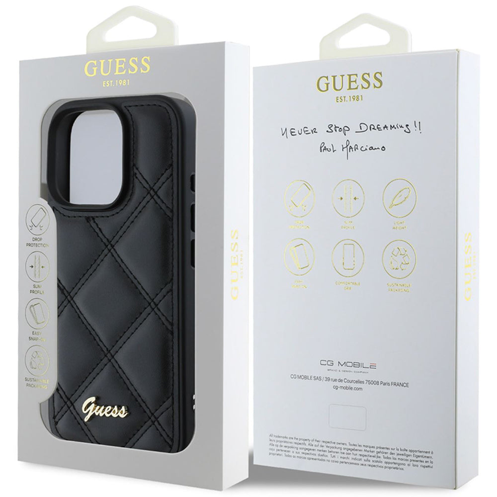 Fodral för Apple iPhone 16 Pro, Guess, Quilted Metal Logo, Svart