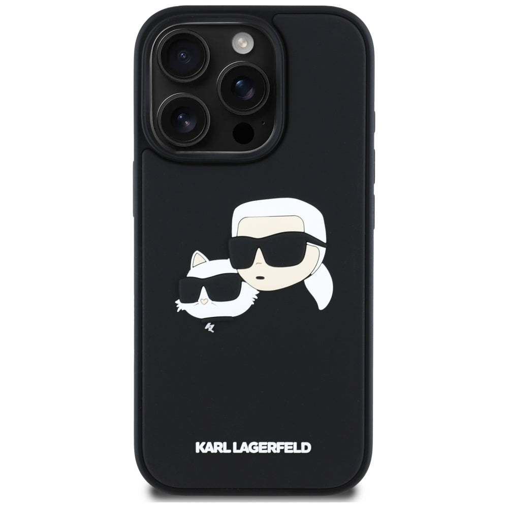 Skyddsfodral för Apple iPhone 16 Pro, Karl Lagerfeld, 3D Rubber Karl & Choupette, Svart