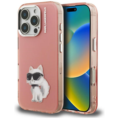Skyddsfodral för Apple iPhone 16 Pro, Karl Lagerfeld, IML Aquarelle Logo Choupette, Rosa