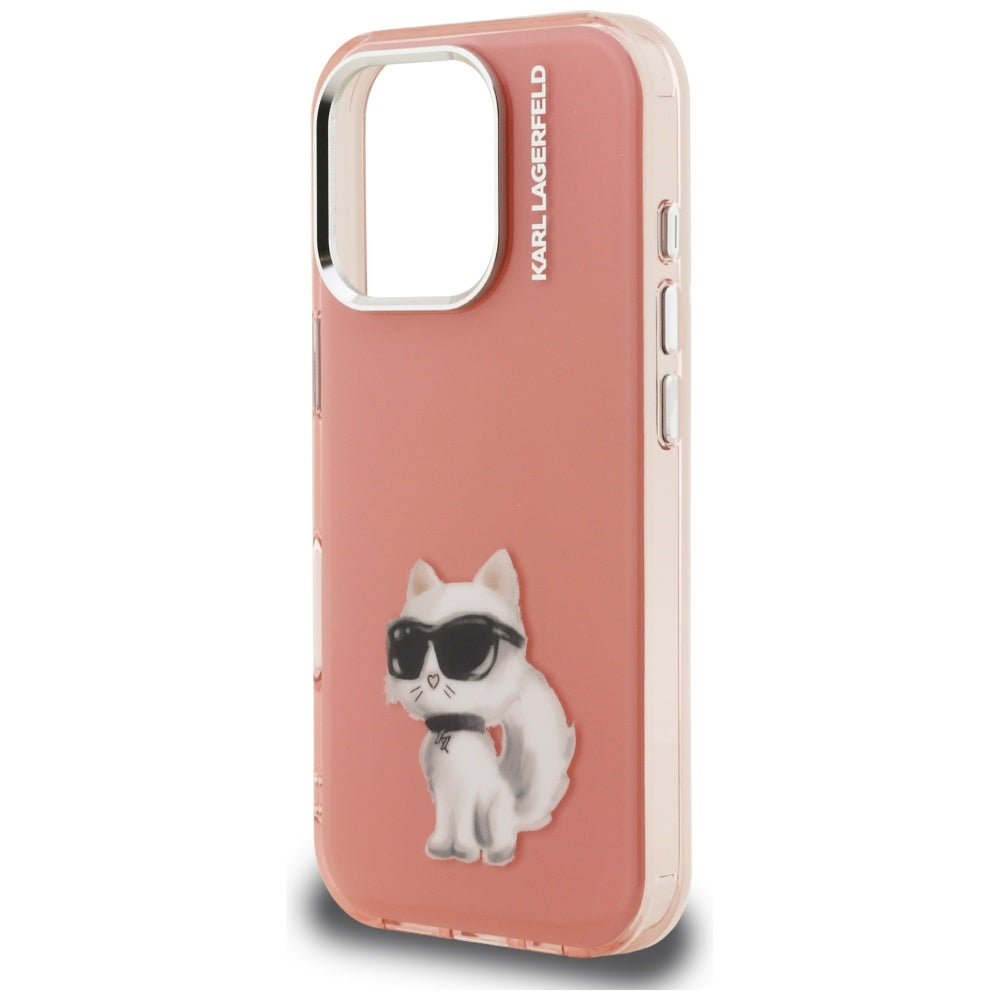 Skyddsfodral för Apple iPhone 16 Pro, Karl Lagerfeld, IML Aquarelle Logo Choupette, Rosa