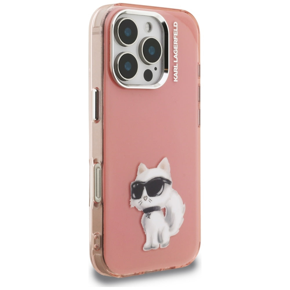 Skyddsfodral för Apple iPhone 16 Pro, Karl Lagerfeld, IML Aquarelle Logo Choupette, Rosa