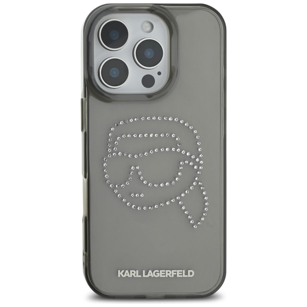 Fodral för Apple iPhone 16 Pro, Karl Lagerfeld, IML Rhinestones Karl's Head, Svart