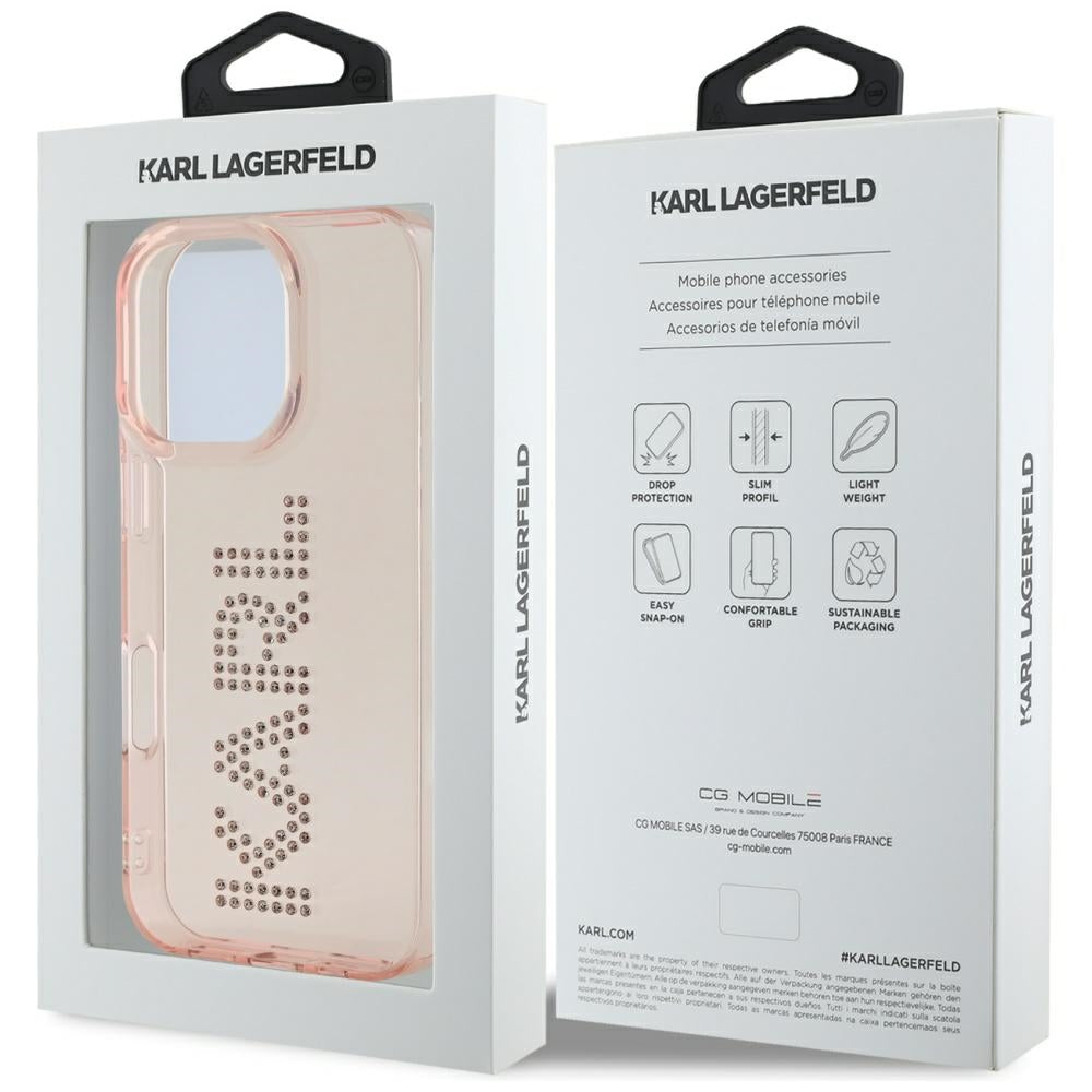 Fodral för Apple iPhone 16 Pro, Karl Lagerfeld, IML Rhinestones Pink Logo, Rosa