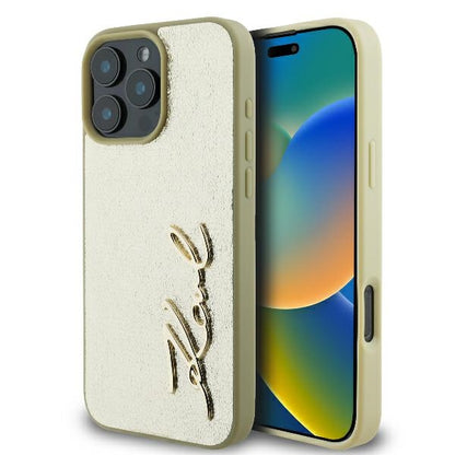 Skyddsfodral för Apple iPhone 16 Pro, Karl Lagerfeld, Metal Signature, Guld