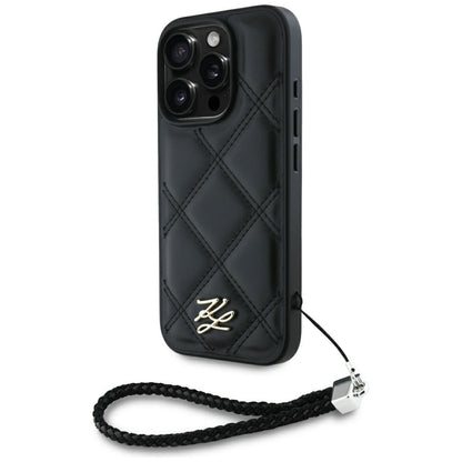 Case for Apple iPhone 16 Pro, Karl Lagerfeld, Quilted Initial Logo & Chain Strap, Black