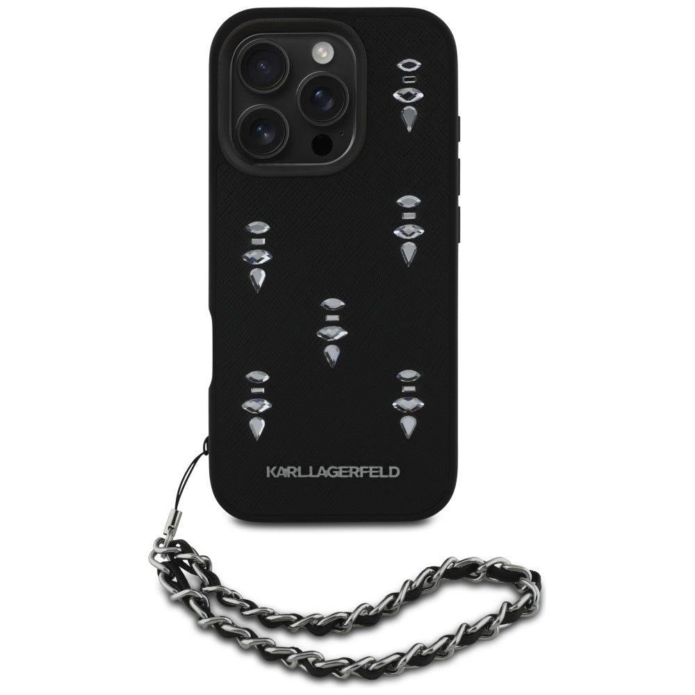 Case for Apple iPhone 16 Pro, Karl Lagerfeld, Saffiano Crystals & Charm, Black