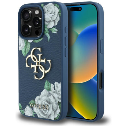 Case for Apple iPhone 16 Pro Max, Guess, 4G Grained Roses Big Logo, Blue