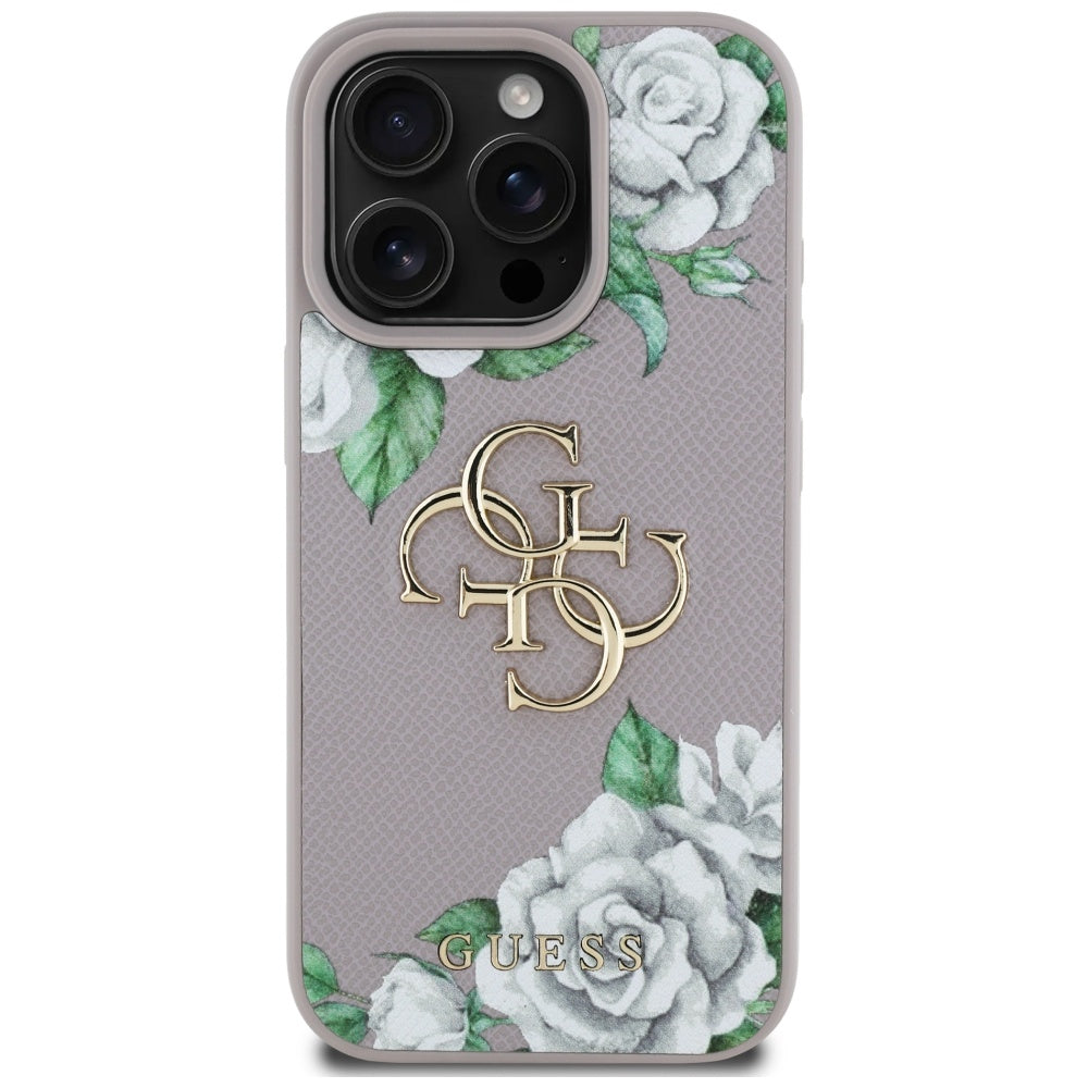Skyddsfodral för Apple iPhone 16 Pro Max, Guess, 4G Grained Roses Big Logo, Lila