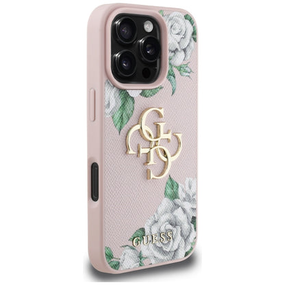 Skyddsfodral för Apple iPhone 16 Pro Max, Guess, 4G Grained Roses Big Logo, Rosa