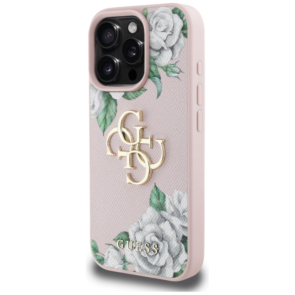 Skyddsfodral för Apple iPhone 16 Pro Max, Guess, 4G Grained Roses Big Logo, Rosa