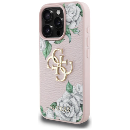 Skyddsfodral för Apple iPhone 16 Pro Max, Guess, 4G Grained Roses Big Logo, Rosa