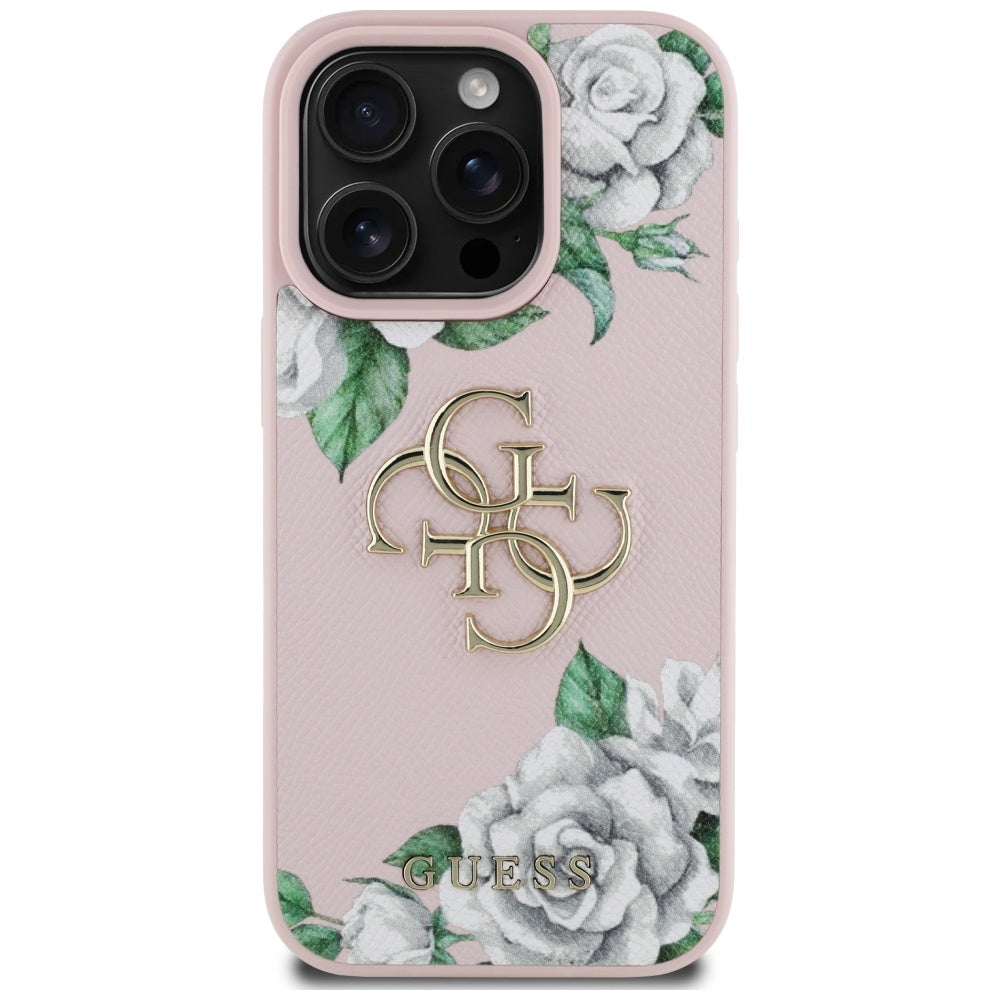 Skyddsfodral för Apple iPhone 16 Pro Max, Guess, 4G Grained Roses Big Logo, Rosa