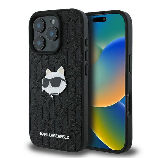 Skalet för Apple iPhone 16 Pro Max, Karl Lagerfeld, Monogram Choupette's Head, Svart