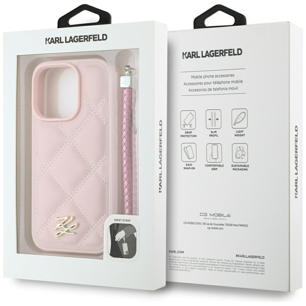 Fodral för Apple iPhone 16 Pro Max, Karl Lagerfeld, Quilted Initial Logo & Chain Strap, Rosa